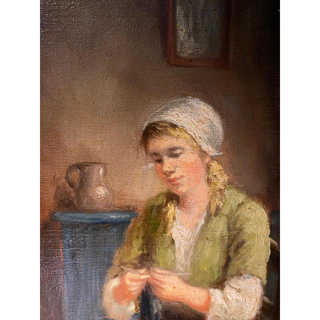 Anne Marie Mulder, Knitting Woman, Oil on Canvas For Sale - Image 3 of 9