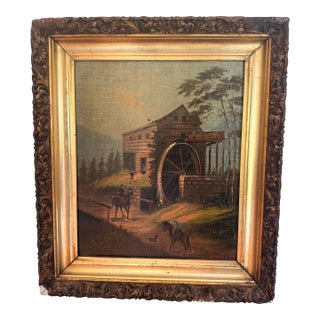 19th Century Watermill Oil Painting Landscape With Horses and Riders For Sale