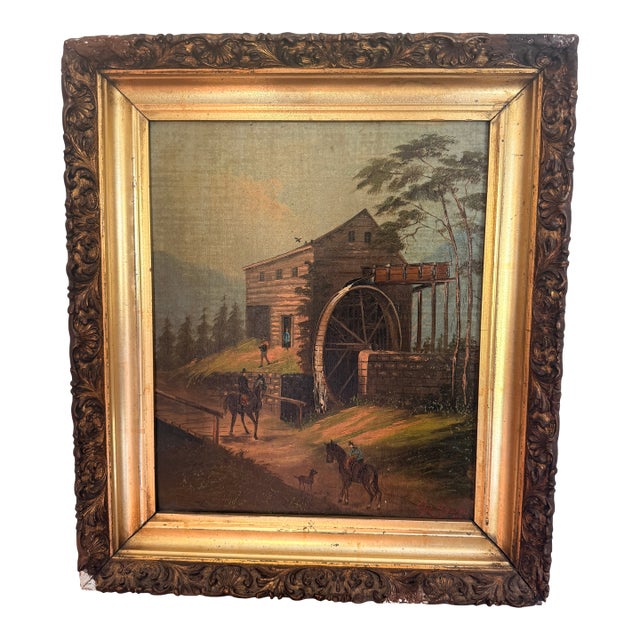 19th Century Watermill Oil Painting Landscape With Horses and Riders For Sale