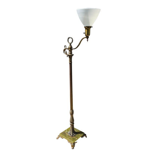 Early 20th Century Brass Torchiere Floor Lamp With Milk Glass Shade and Green Onyx Base For Sale