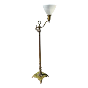 Early 20th Century Brass Torchiere Floor Lamp With Milk Glass Shade and Green Onyx Base