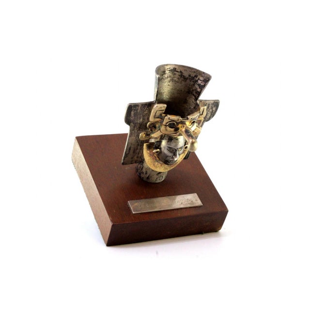 Pre-Columbian Style Zapotec Silver Urn with Applications and Figure on Wooden Base with Monogram, in Very Good conditions....