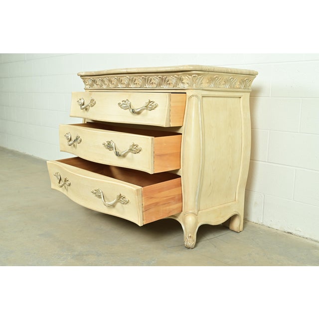 Henredon French Rococo Louis XV Carved Oak and Silver Gilt Marble Top Commode or Chest of Drawers For Sale In South Bend - Image 6 of 18