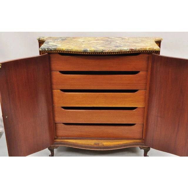 French Antique French Louis XV Marble Top Demilune Dresser Commode Cabinet W/ 5 Drawers For Sale - Image 3 of 13