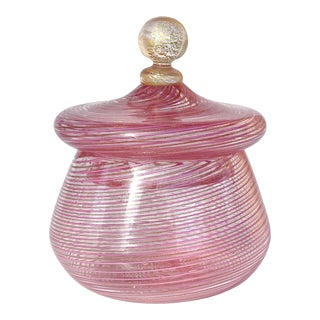 Murano Vintage Pink Copepr Aventurine Flecks Ribbons Gold Italian Art Glass Decorative Vanity Box Jar For Sale