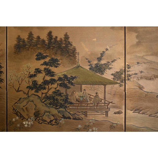 1960s Shōwa Era Japanese Byobu Screen "Landscape With Gazebo" For Sale - Image 4 of 17
