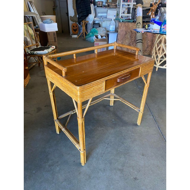 Restored Split Rattan and Mahogany Secretary Desk With Chair | Chairish