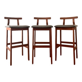1970s Mid Century Danish Modern Sculpted Teak Bar Stools by Korup Stolefabrik- Set of 3 For Sale