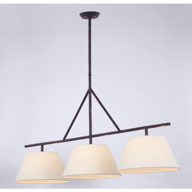 Visual Comfort Suzanne Kasler for Visual Comfort Signature Collette Large Linear Pendant in Aged Iron with Linen Shade For Sale - Image 4 of 5
