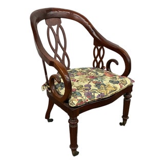 1970s Baker Milling Road Chinoiserie Sculptural Mahogany Cane Armchair With Brass Casters For Sale