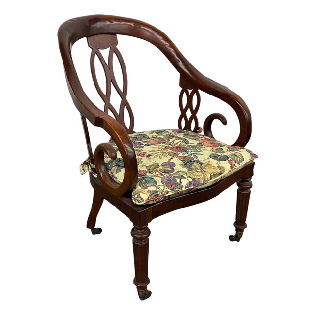 1970s Baker Milling Road Chinoiserie Sculptural Mahogany Cane Armchair With Brass Casters For Sale