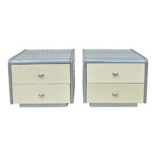 1980's Postmodern Gray and Cream Laminate Pair of Nightstands For Sale