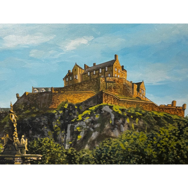 Sky Blue Original Scottish Painting of Edinburgh Castle & Ross Fountain by Vikki Hastings – Framed Cityscape” For Sale - Image 8 of 18