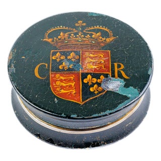 Antique English Japanned Black Lacquer Box – Royal Arms Crest "Cr" For Sale
