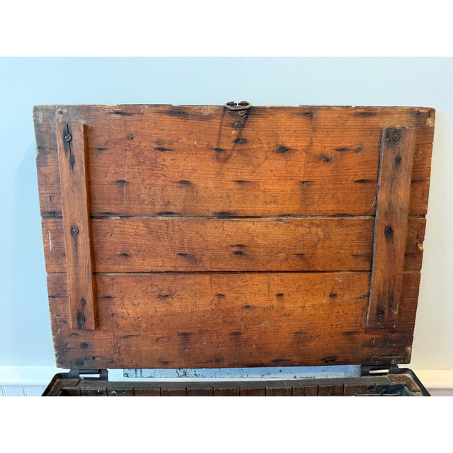 Antique First National Stores Wooden Shipping Crate With Lid – Wire Reinforced Grocery Transport Basket – Coffee Table Storage Chest For Sale - Image 12 of 18
