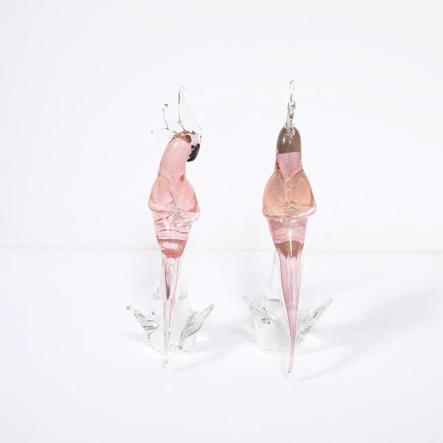 Pair of Mid-Century Hand-Blown Murano Rose Hued Cockateel Sculptures W/ 24k Gold For Sale In New York - Image 6 of 13