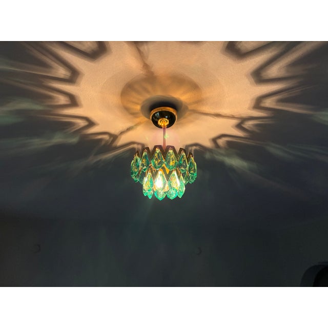 1960s Luxury Mini Brass Chandelier With Turquoise Crystal Drops, Starburst Shadow Ceiling Projection Light, Restored Antique Style Light Fixture For Sale - Image 17 of 18