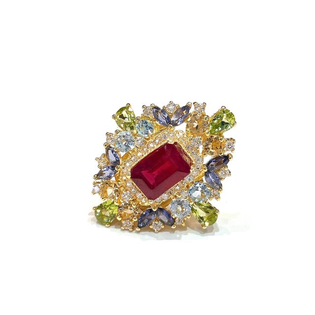 Baroque Bochic "Capri" Ruby, Tanzanite, Citrine & Blue Topaz Ring Set 18K Gold & Silver For Sale - Image 3 of 12