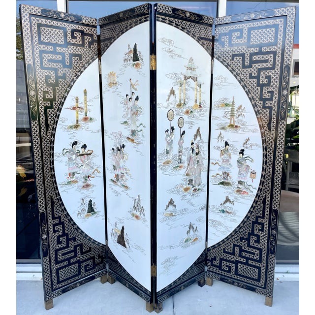 Chinese Export Mother of Pearl & Stone Four Panels Folding