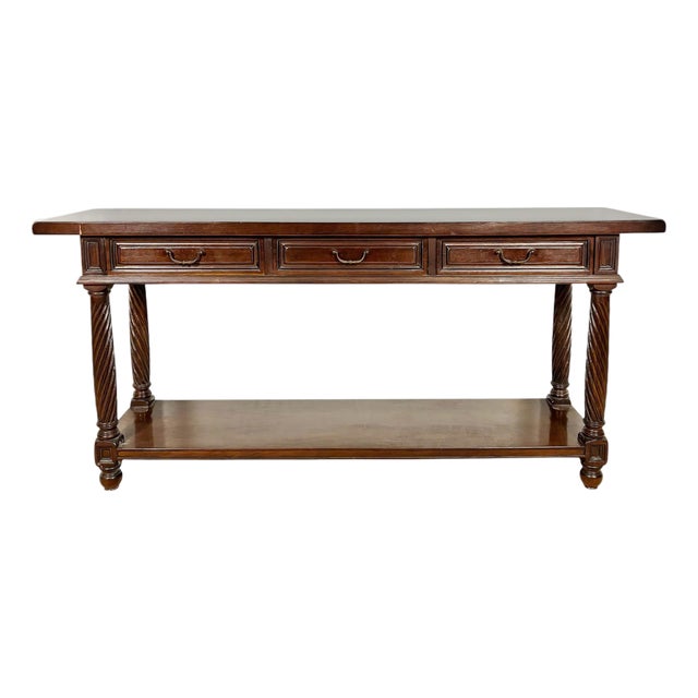 Large Spanish Walnut Rustic Console With Three Drawers and Lower Shelf, 1930s For Sale