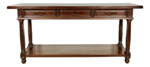 Large Spanish Walnut Rustic Console With Three Drawers and Lower Shelf, 1930s