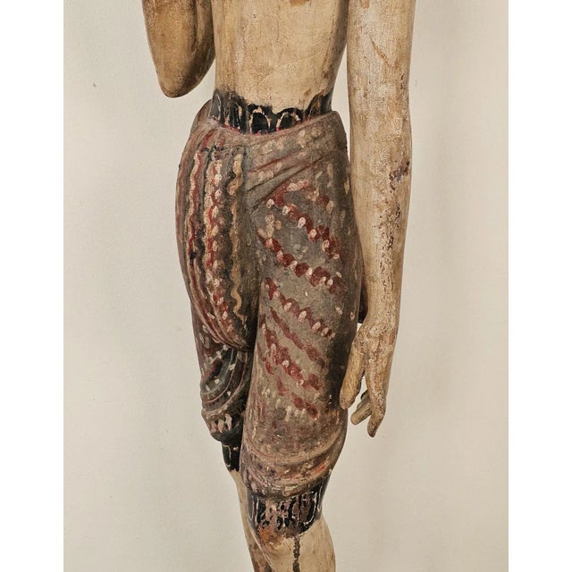 Beige 19th Century Southeast Asian Tall Painted & Carved Wood Figure of a Man For Sale - Image 8 of 9