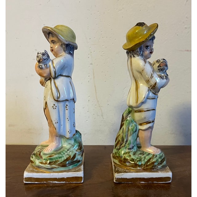 Early 19th Century Antique Early 19th Century English Porcelain Figures - Boy With Dog and Girl With Cat - A Pair For Sale - Image 5 of 15