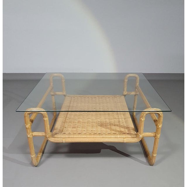 Wood Mid-Century Pencil Split Reed and Rattan Coffee Table with Iron Frame and Glass Top For Sale - Image 7 of 11