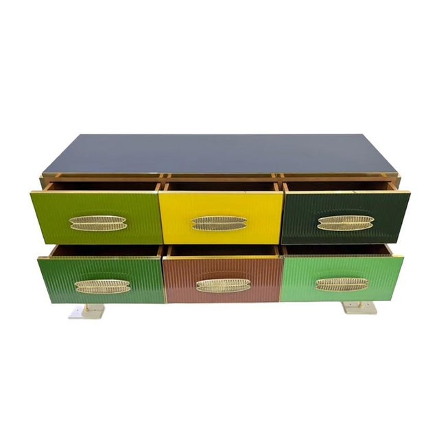 Mid-century modern bespoke Italian six-drawer chest cabinet, handcrafted in Italy and designed in a bold contemporary...