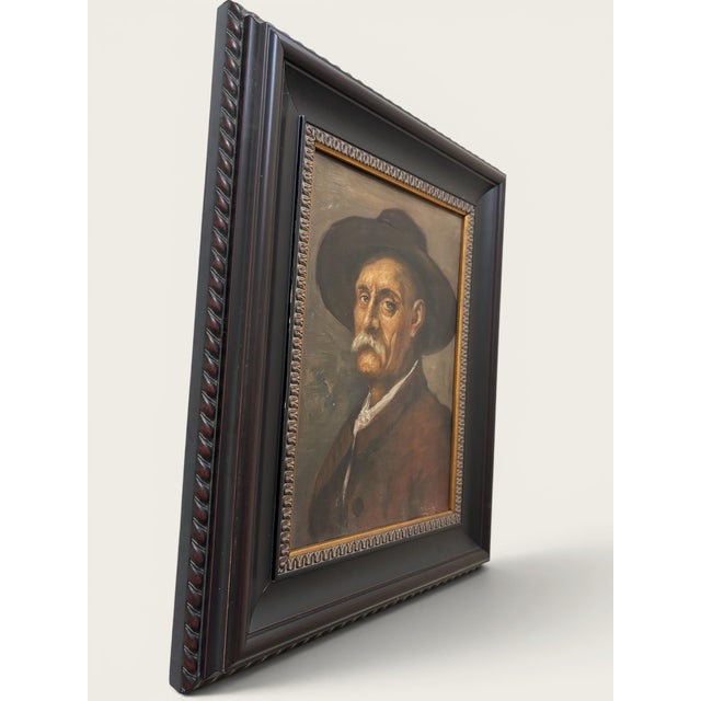 Original Antique European Moody Oil Portrait Painting of Gentleman in Hat Circa 1937 For Sale - Image 4 of 12