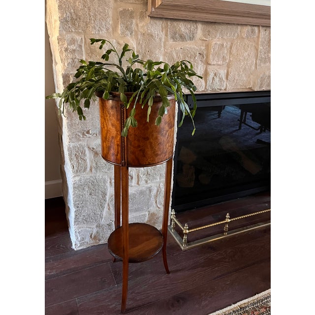 Traditional Antique Burl Wood Edwardian Plant Stand W/Copper Insert For Sale - Image 3 of 18