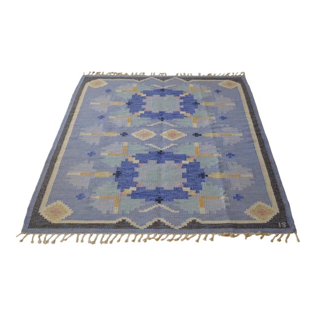 Vintage Blue Rug in a Design Called 'Carnation" by Ingegerd Silow, Sweden For Sale