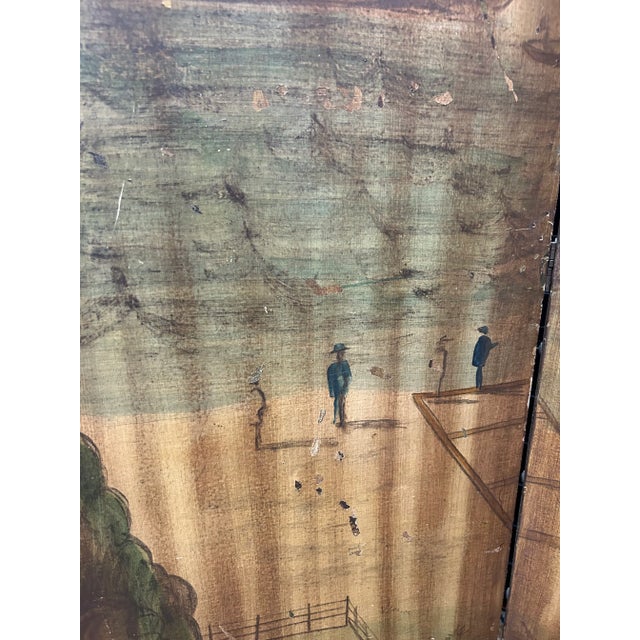 Antique Hand-Painted Folk Art Room Divider Partition 3-Panel Screen With Nautical Commercial City Harbor Scene For Sale - Image 9 of 12