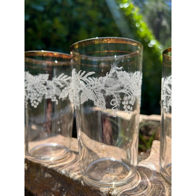 Transparent 1950s Set of Six Mid Century Modern Bartlett Collins Highball Glasses- Beautifully Designed Grapevines Around Upper Half of Glasses With 24k Gold Trim For Sale - Image 8 of 11