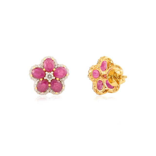 Natural Ruby Floral Statement Earrings in 14k Solid Gold With Diamonds- A Pair For Sale In New York - Image 6 of 10