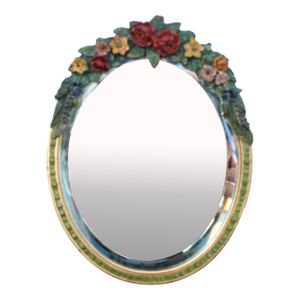 English Barbola Floral Swag Design Table Mirror/Beveled Glass