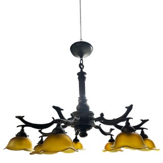 Vintage Seven Arm Art Nouveau Running Deer Bronze Chandelier For Sale