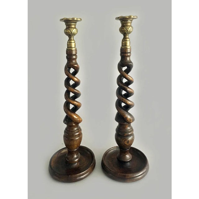 English 1920s English Oak Open Barley Twist Candlesticks - a Pair For Sale - Image 3 of 8