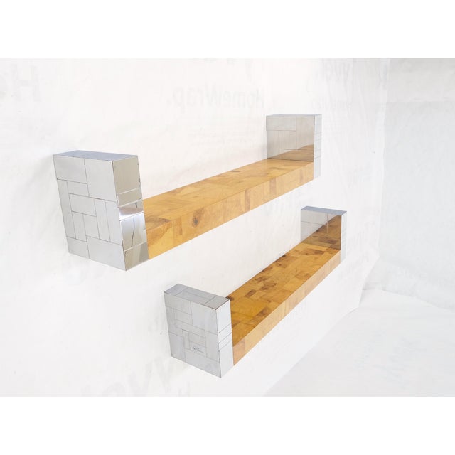 Pair of signed Paul Evans bracket shape burl walnut polished chrome hanging shelves Mint!