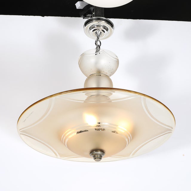 Art Deco 1930s Art Deco Signed Daum Frosted Rose-Hue Saucer-Form Pendant Chandelier For Sale - Image 3 of 18