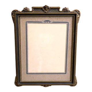 1930s Art Deco Wood Picture Frame, Gold Polychrome Floral Crest, 8x10 For Sale