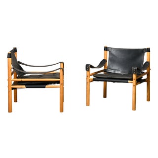Sirocco Safari Lounge Chairs in Black Leather and Ash by Arne Norell for Arne Norell AB, Sweden, 1970s, Set of 2 For Sale