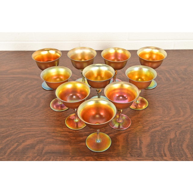 A gorgeous set of ten Arts & Crafts or Art Nouveau period Aurene iridescent art glass goblets By Steuben Glass USA, Early...