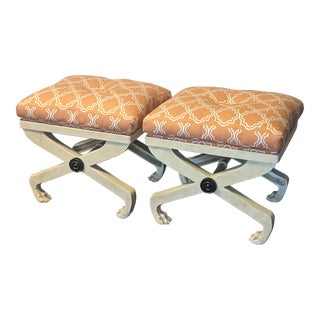 Late 20th Century Neo Classic Footstool Ottoman Hairy Paw Foot X Bases- a Pair For Sale