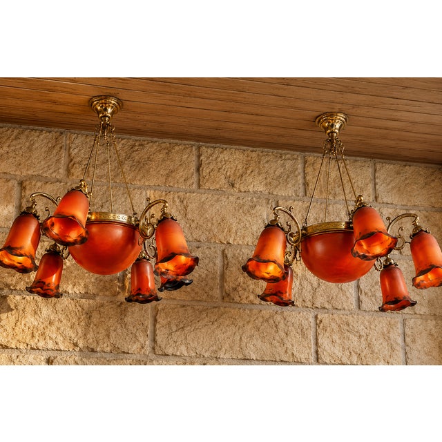Orange Art Nouveau Chandeliers in Bronze and Orange Glass Paste, 1950s, Set of 2 For Sale - Image 8 of 9