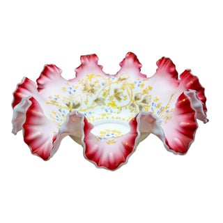 Antique Victorian Hand Painted Cranberry Ruffled Edges Glass Brides Basket Bowl For Sale