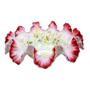 Antique Victorian Hand Painted Cranberry Ruffled Edges Glass Brides Basket Bowl