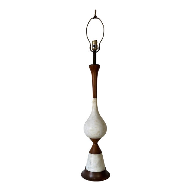1960’s Italian Mid-Century Modern Walnut and White Marble Table Lamp With Brass Base For Sale