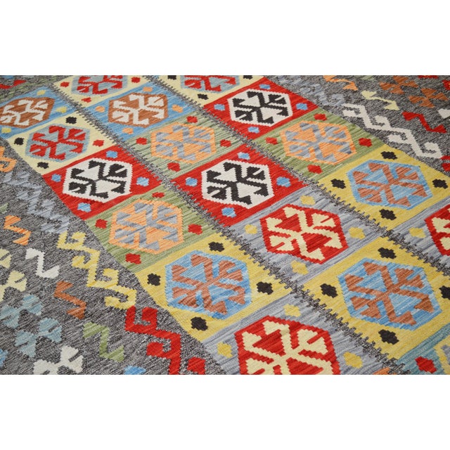 Vintage Afghan Maimana hand woven kilim with natural colors,organic wool and geometric pattern.