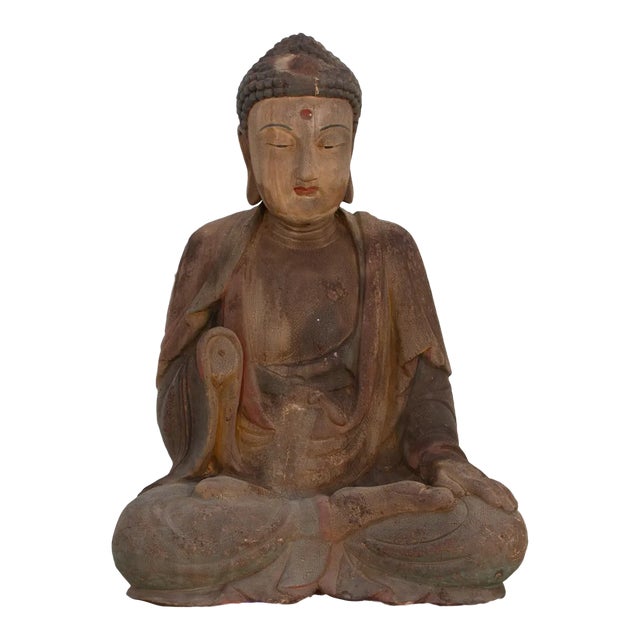 Carved Painted Antique Seated Buddha For Sale